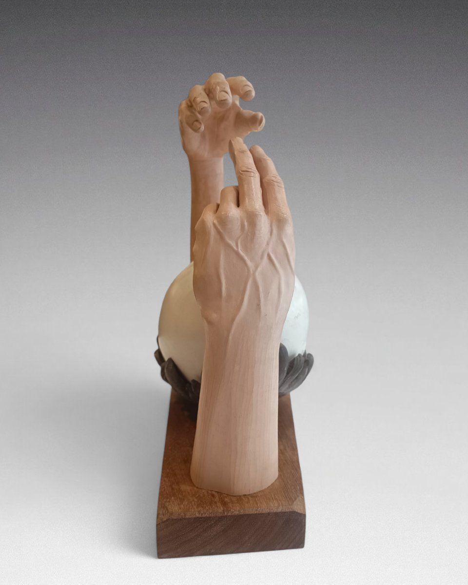 Surrealist Sculpture In Painted Metal (egg; Hands) - Unidentified Signature-photo-1