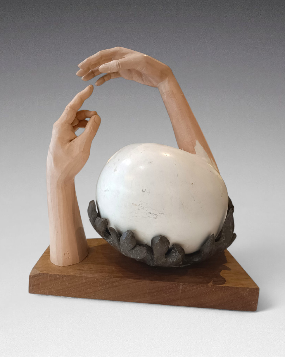 Surrealist Sculpture In Painted Metal (egg; Hands) - Unidentified Signature