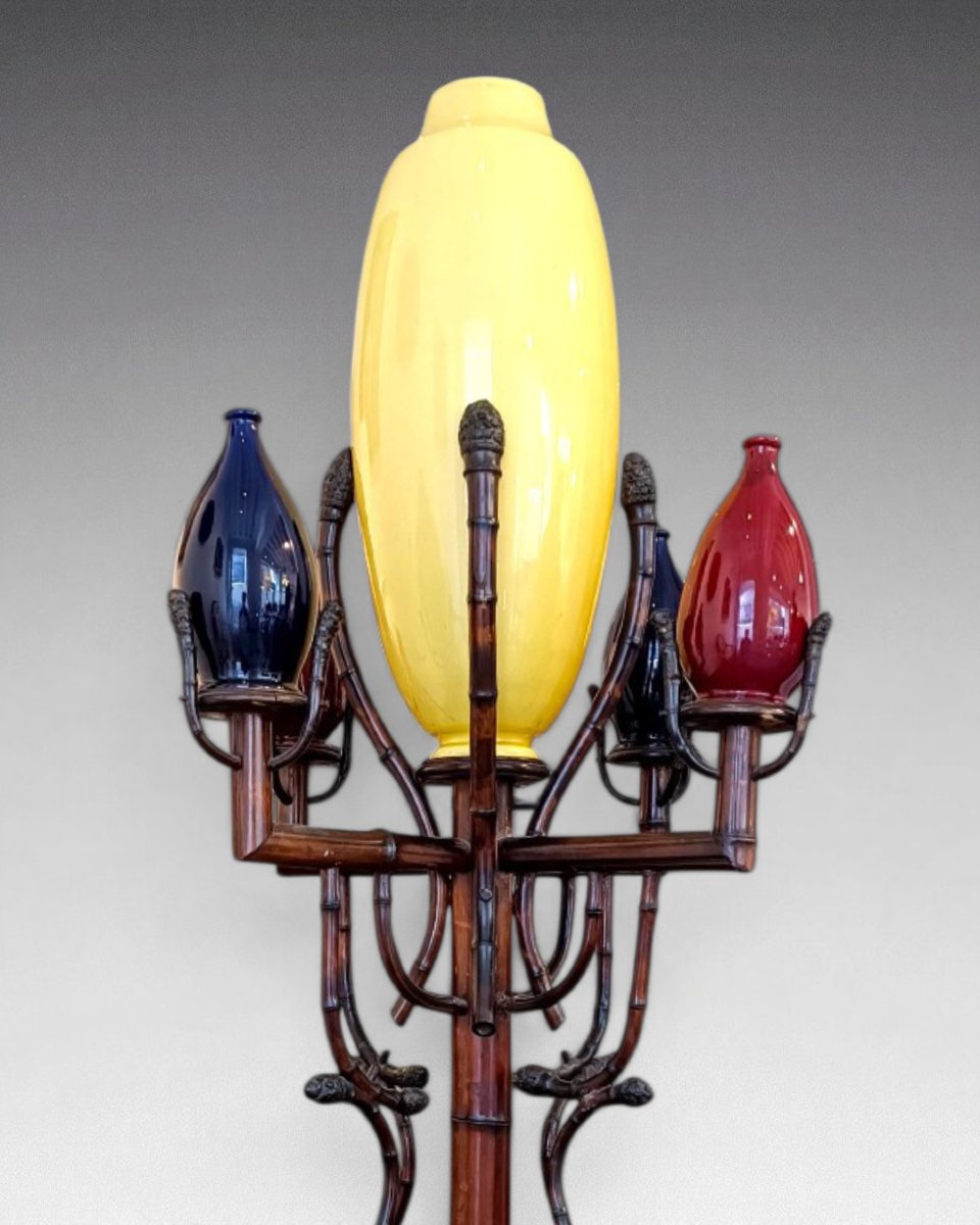 Présentoir en bambou et 5 vases en céramique Sarreguemine. Dans le gout de Perret-Vibert (1900)-photo-2