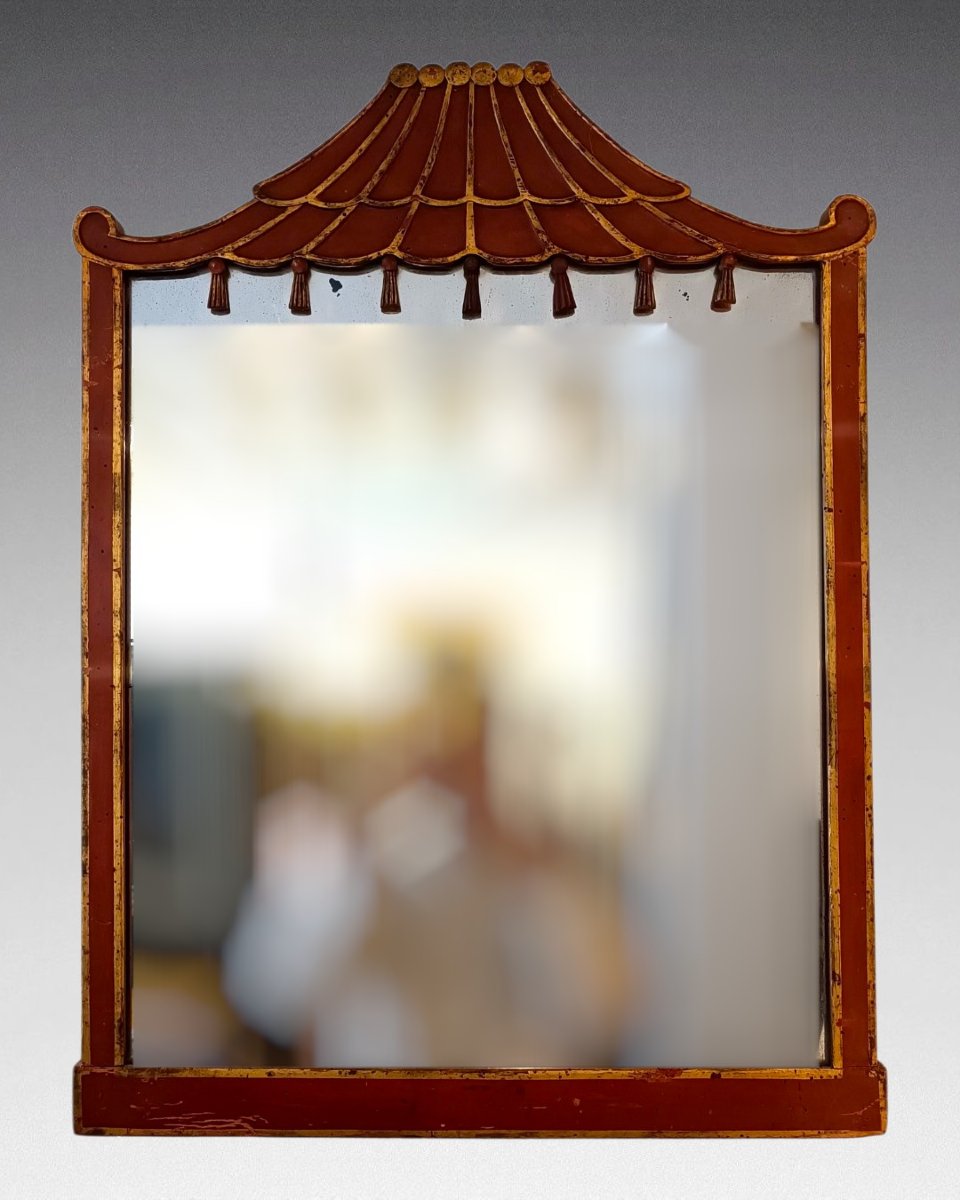 Chinese-style Mirror Made Of Red And Gold Lacquered Wood (circa 1920)