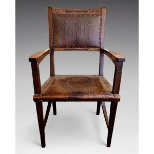 Oak Armchair, Original Leather. Art Nouveau (circa 1900)