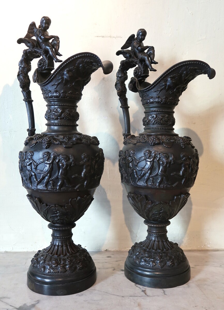 Pair Of Large Renaissance Style Bronze Ewers