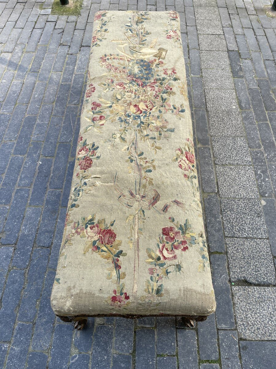 Large Louis XVI Style Six-legged Bench In Gilded Wood-photo-2