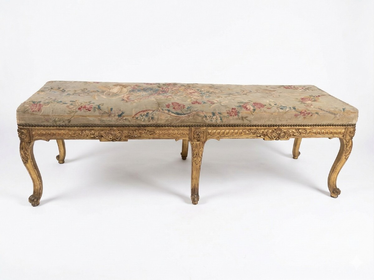 Large Louis XVI Style Six-legged Bench In Gilded Wood
