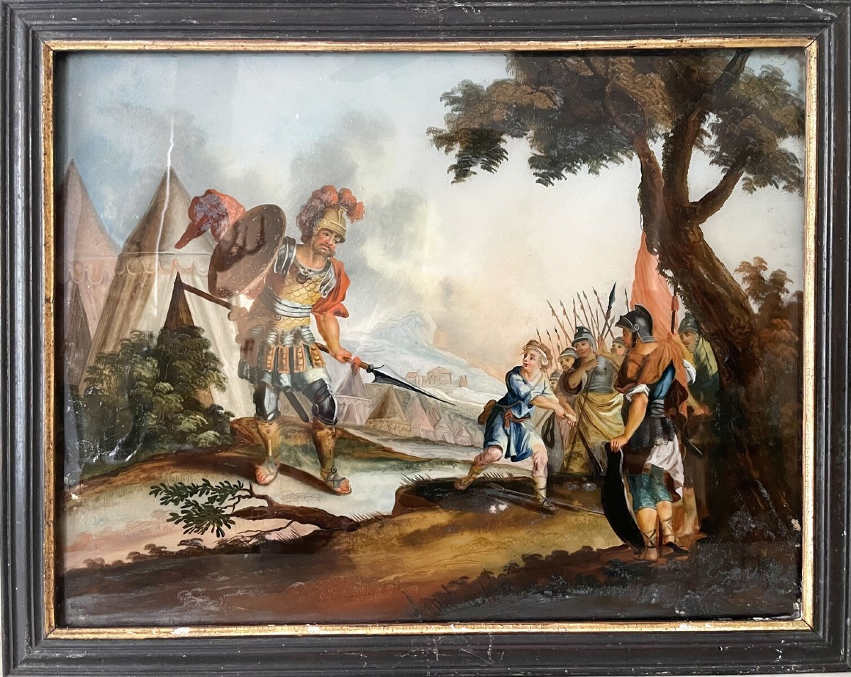 "David contre Goliath" peinture sous verre (églomisé)