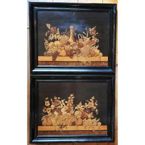 Pair Of Panels With Marquetry Decor Of Flowers And Fruits
