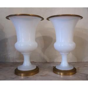 Pair Of Medici Vases In White Opaline