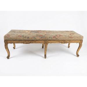 Large Louis XVI Style Six-legged Bench In Gilded Wood