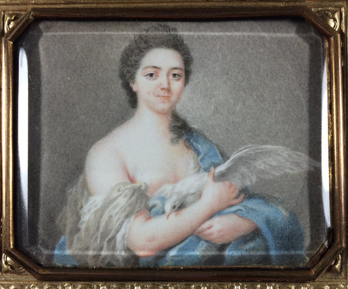 portrait miniature d'époque Louis XV, dame avec colombe-photo-2