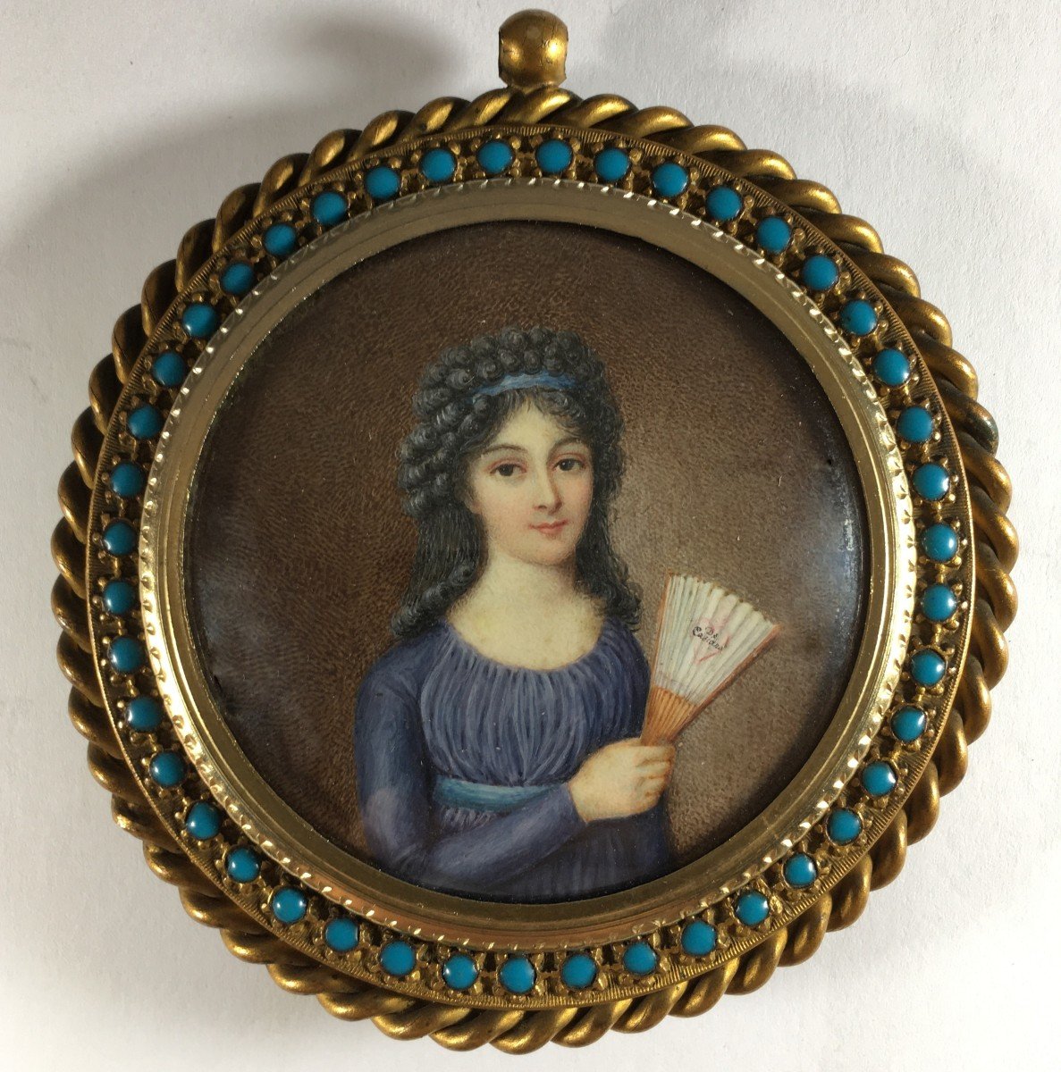 portrait miniature, lot de 2 , dame à l'éventail, dame aux créoles,  fin XVIII siècle.-photo-2