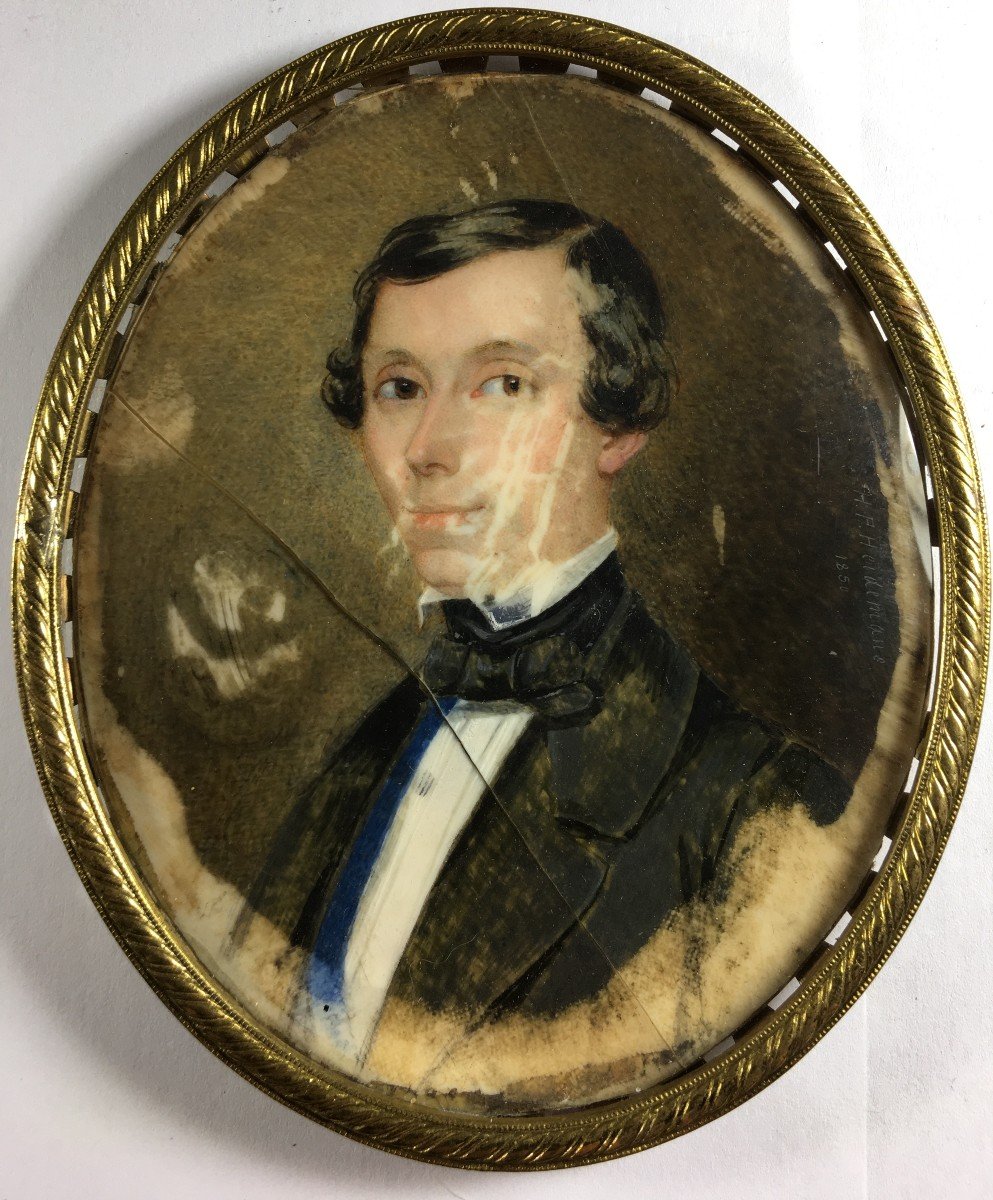 Miniature Portrait, Lot Of 4, 1 Signed Heidermane 1850, 19th Century.-photo-2