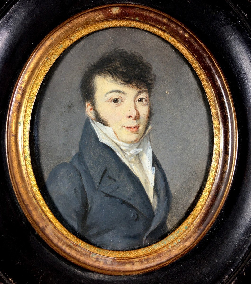 Portrait miniature Empire, jeune homme en redingote, vers 1800-photo-2