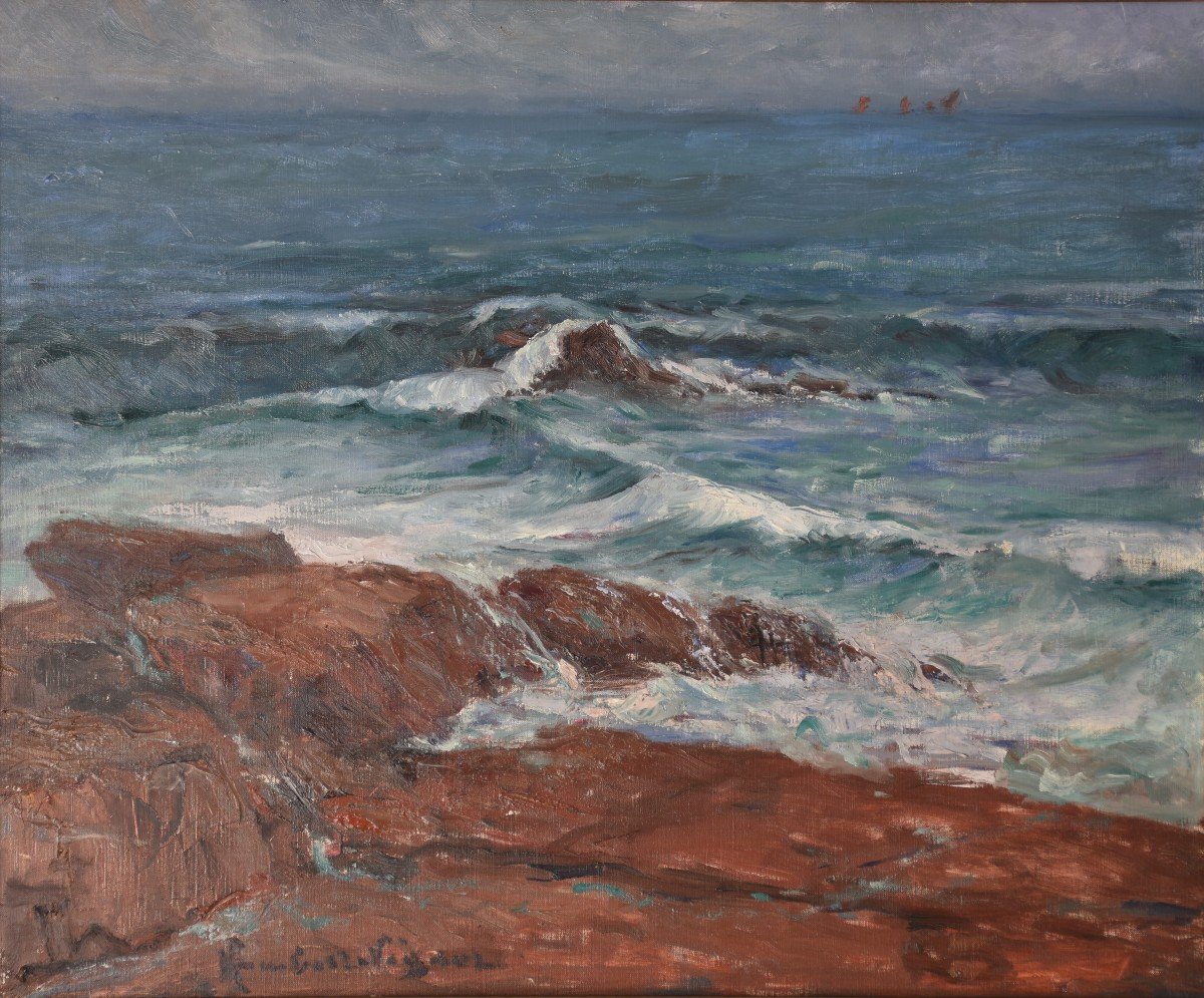 Léonie Humbert-vignot, The Waves Crashing On The Rocks At Saint Guénolé (circa 1920)