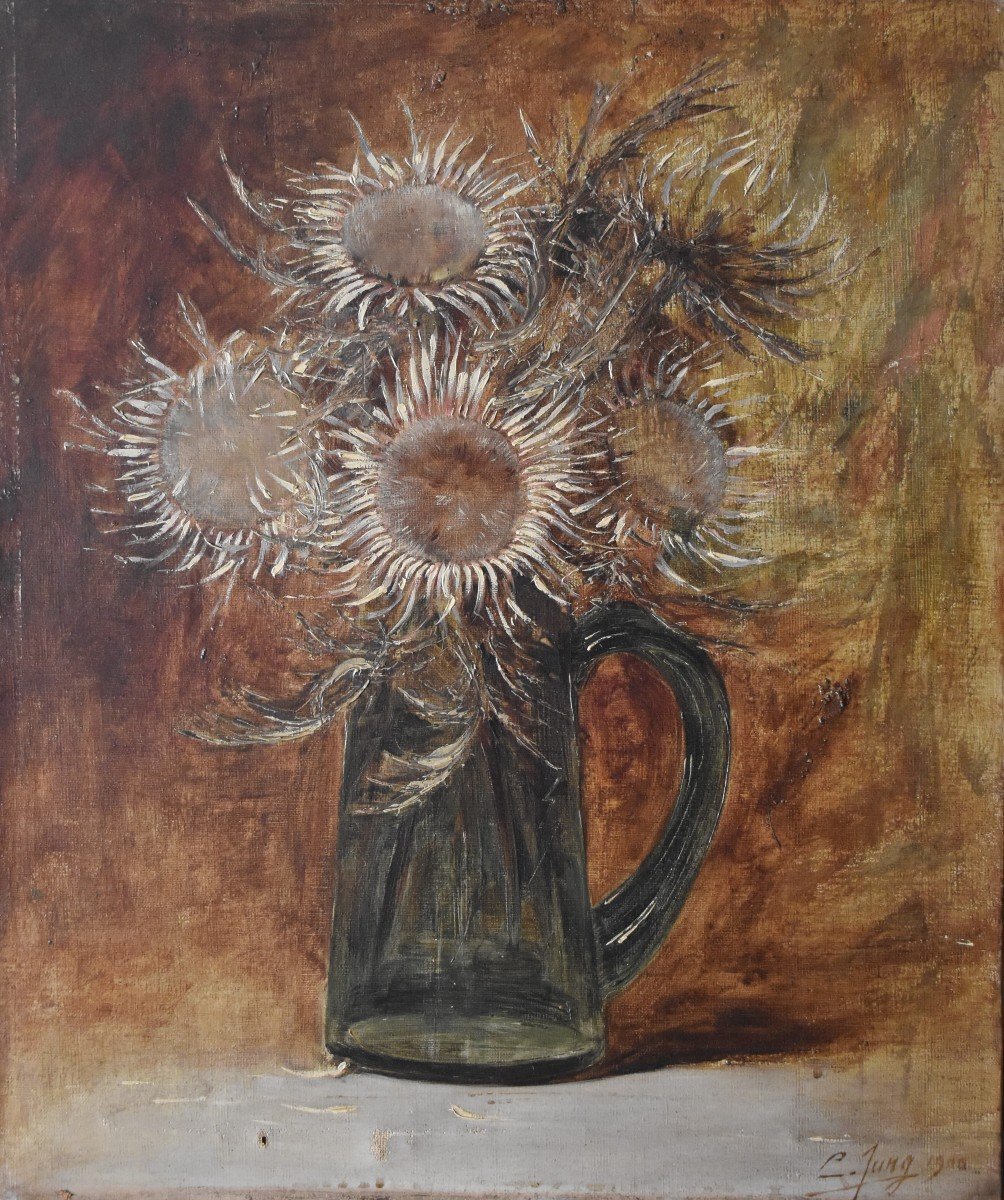 Charles JUNG, (Lyon, 1865-1936), Chardons dans un pichet en verre vert (1900)