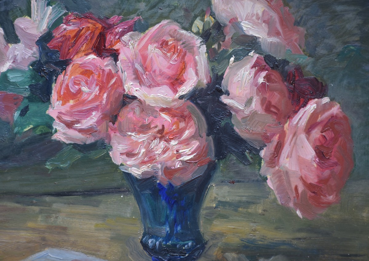 Jean CHALEYÉ (Saint-Étienne 1878 - Puy-en-Velay 1960), Roses dans un vase bleu (vers 1920)-photo-2