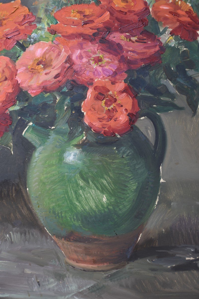 Jean CHALEYÉ (Saint-Étienne 1878 - Le Puy 1960), Fleurs dans une gargoulette verte (vers 1920)-photo-3