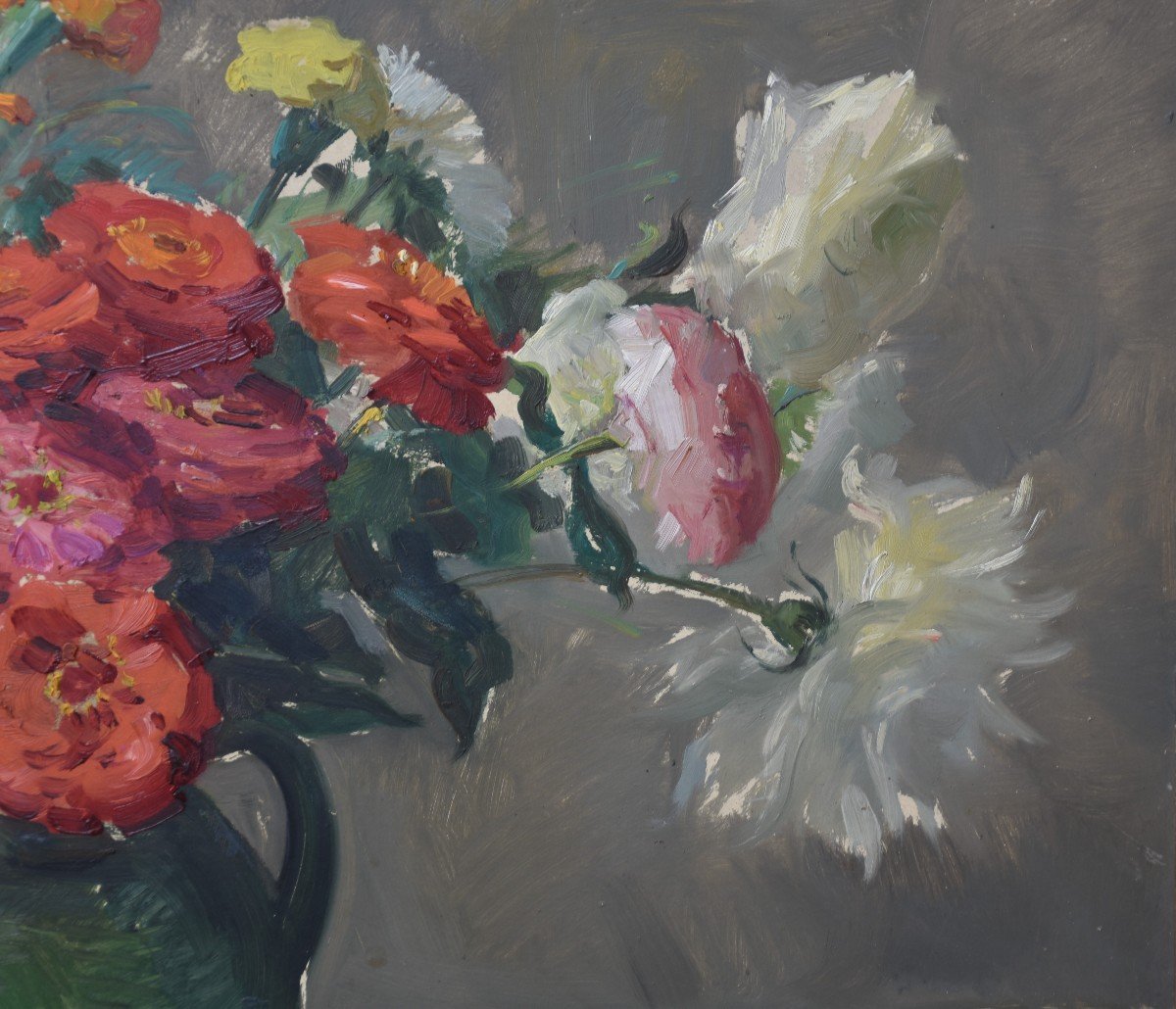 Jean CHALEYÉ (Saint-Étienne 1878 - Le Puy 1960), Fleurs dans une gargoulette verte (vers 1920)-photo-4