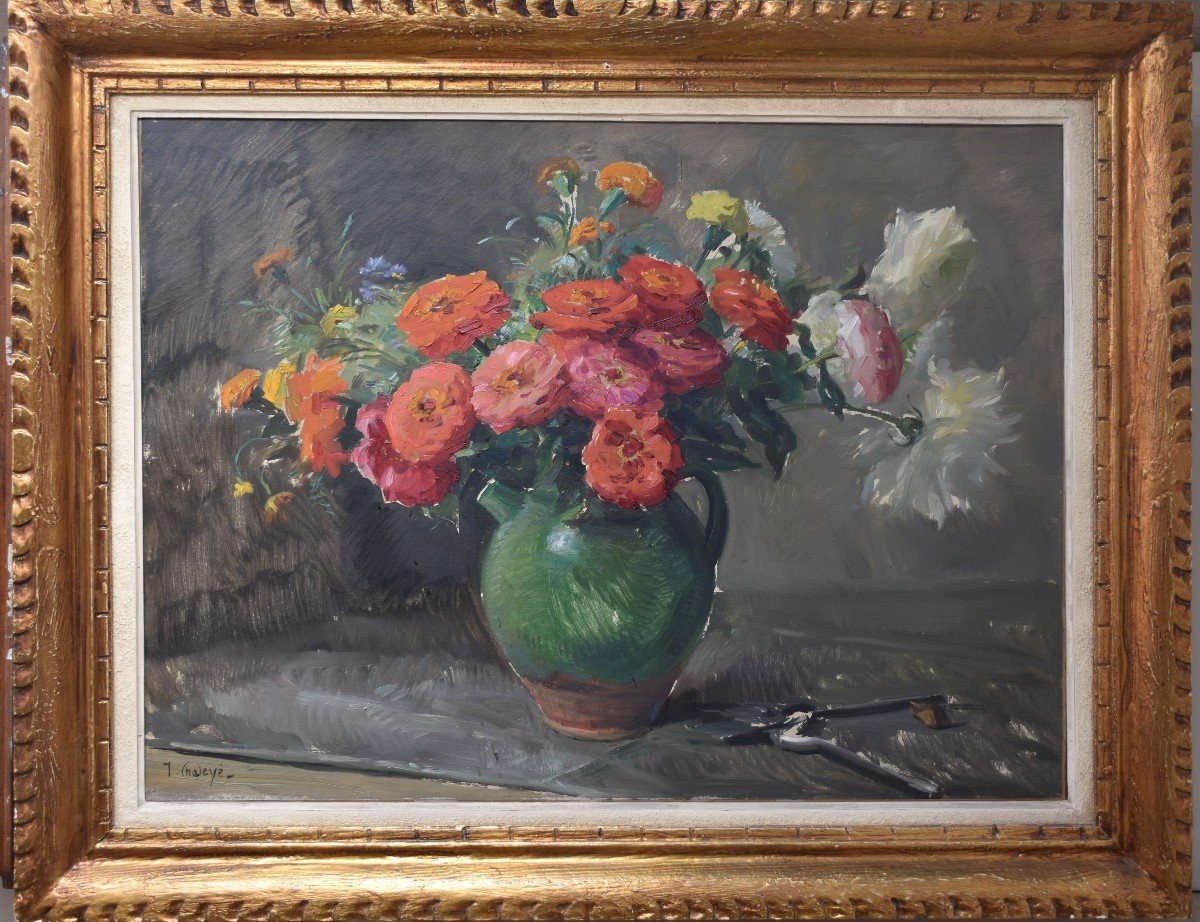 Jean CHALEYÉ (Saint-Étienne 1878 - Le Puy 1960), Fleurs dans une gargoulette verte (vers 1920)-photo-6