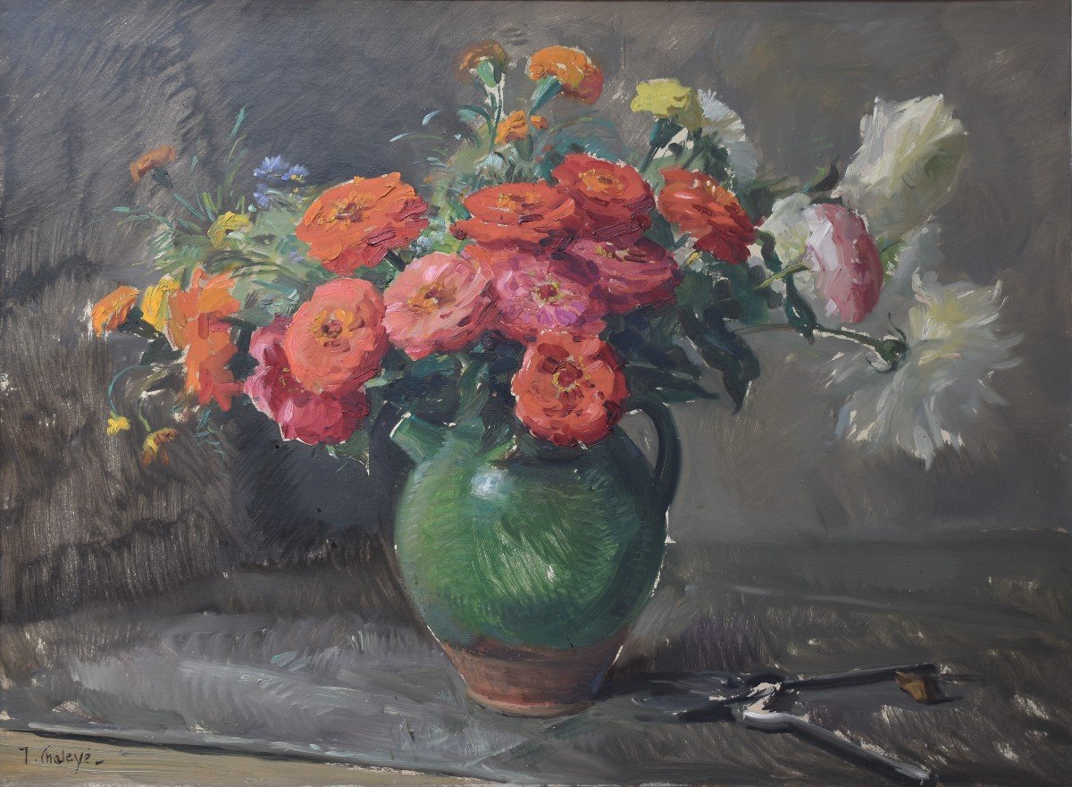 Jean CHALEYÉ (Saint-Étienne 1878 - Le Puy 1960), Fleurs dans une gargoulette verte (vers 1920)