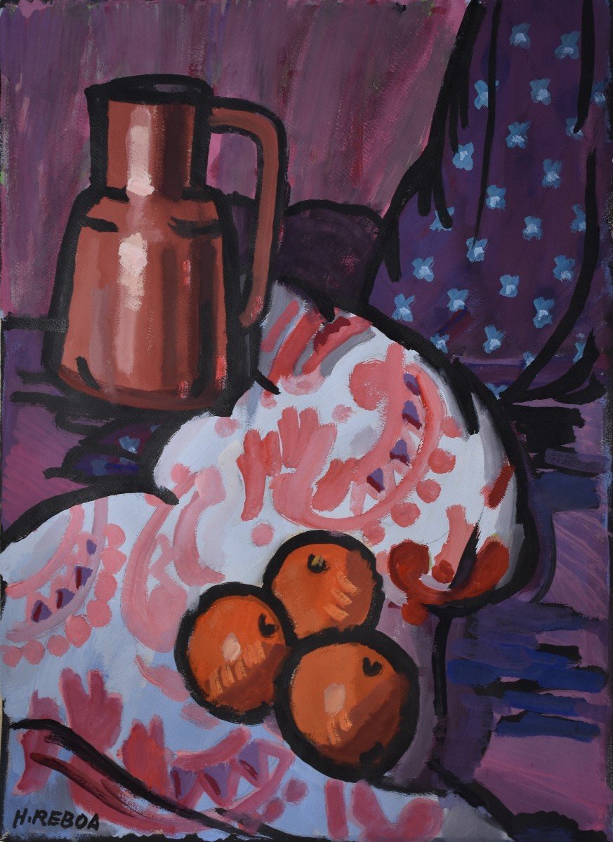 Henri REBOA (actif Marseille, milieu 20e Siècle), Pichet, étoffes, oranges (vers 1960)