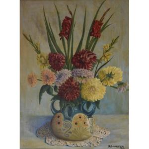 Paul Schröter, Bouquet de dahlias et glaïeuls (1942)
