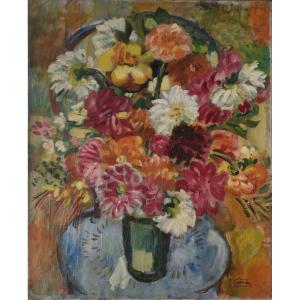 Fernande Cormier, Bouquet de fleurs dans un vase sur une chaise en bois courbé (vers 1935)