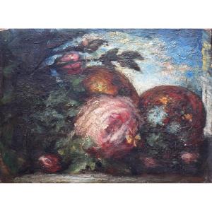 École française, Rose, boutons de rose, et fruits devant le ciel bleu (vers 1880)