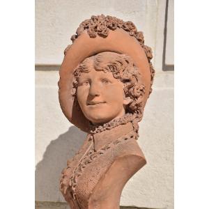 Victor VERMARE (Sarcey 1842 - Lyon 1890), Buste de femme coiffée d'un chapeau à plume (1883)