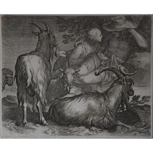 Boetius Adamsz Bolswert After Abraham Bloemaert, Goats And An Amourous Couple (1611)