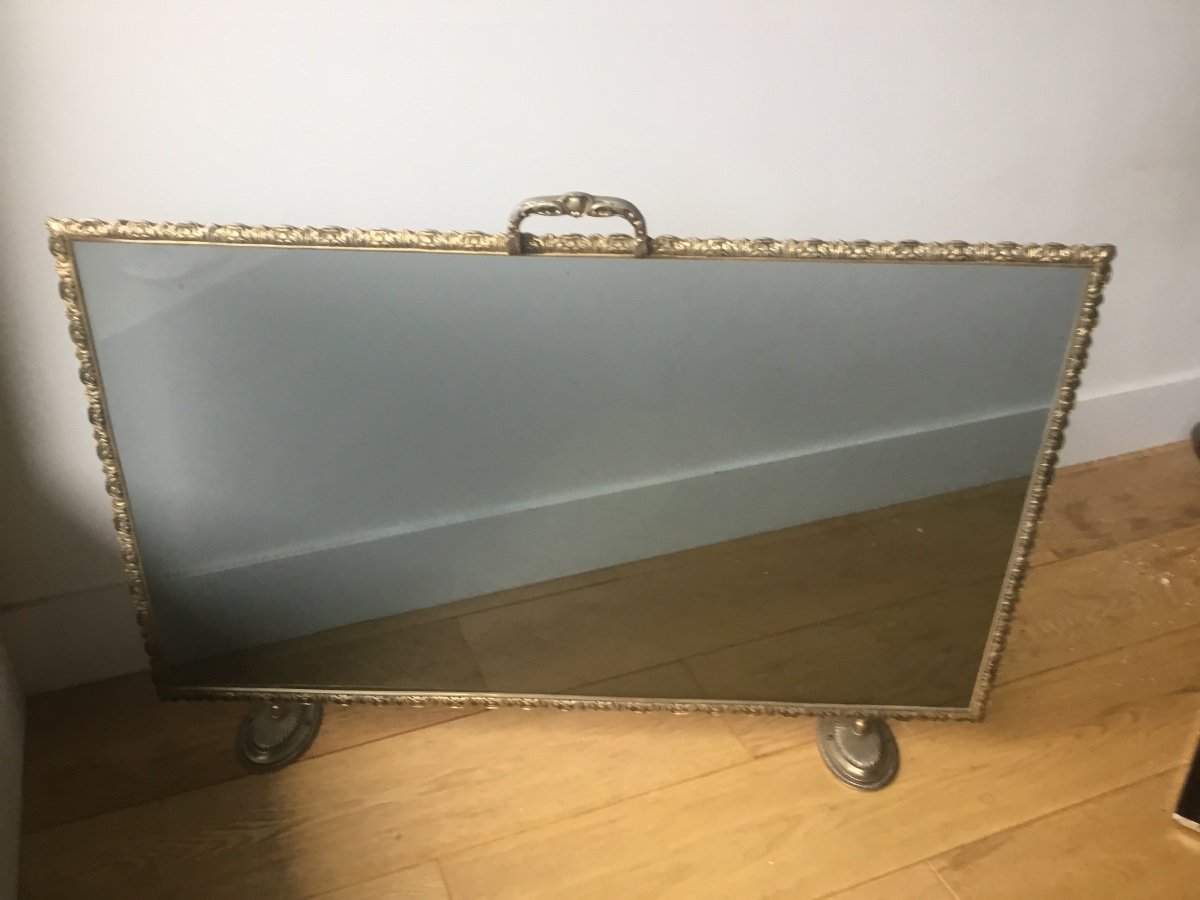 Ecran De Cheminée En Verre Fumé  Et Bronze Doré-photo-4