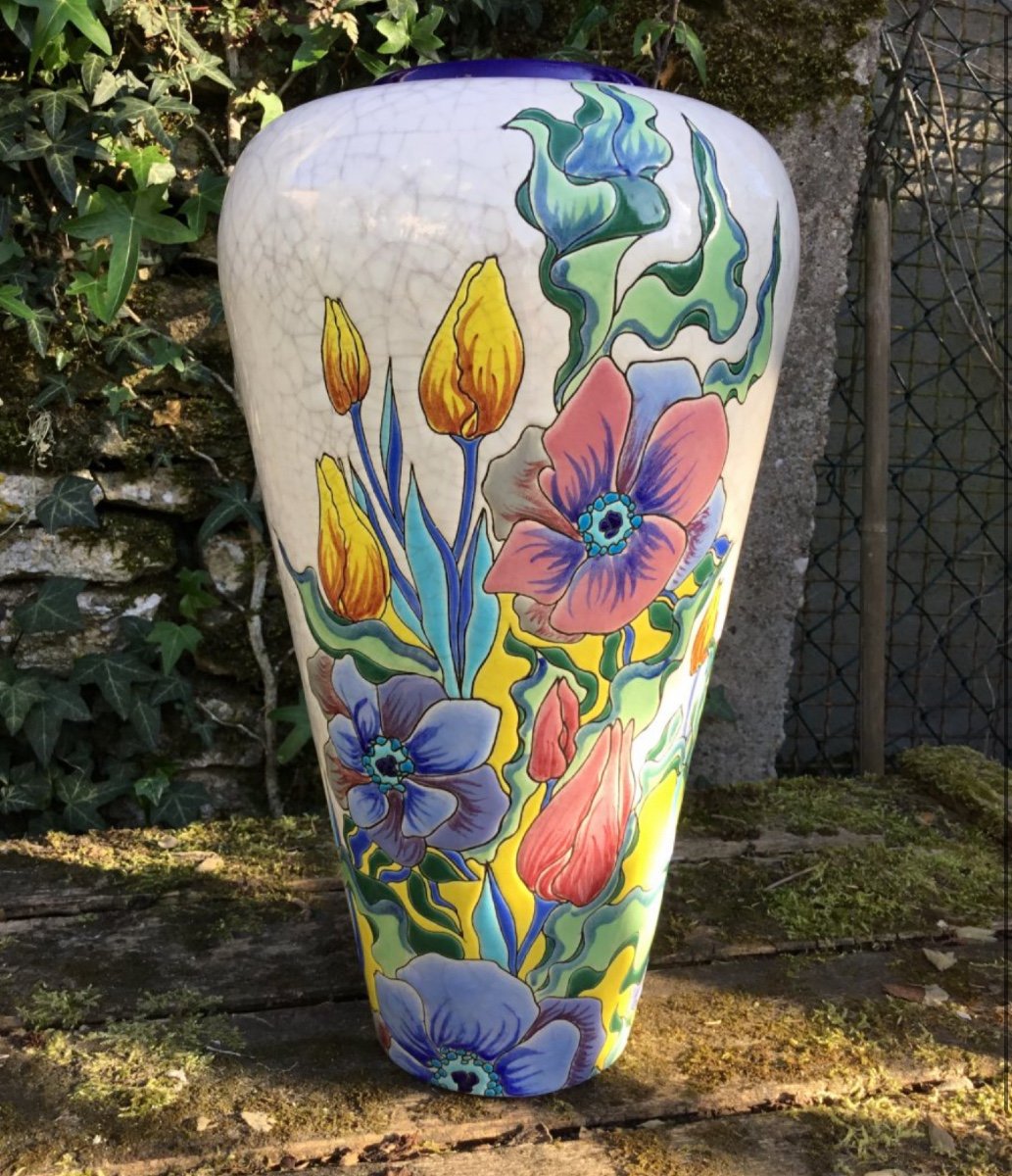 Large Longwy Vase With Art Nouveau Decor (38 Cm)-photo-1
