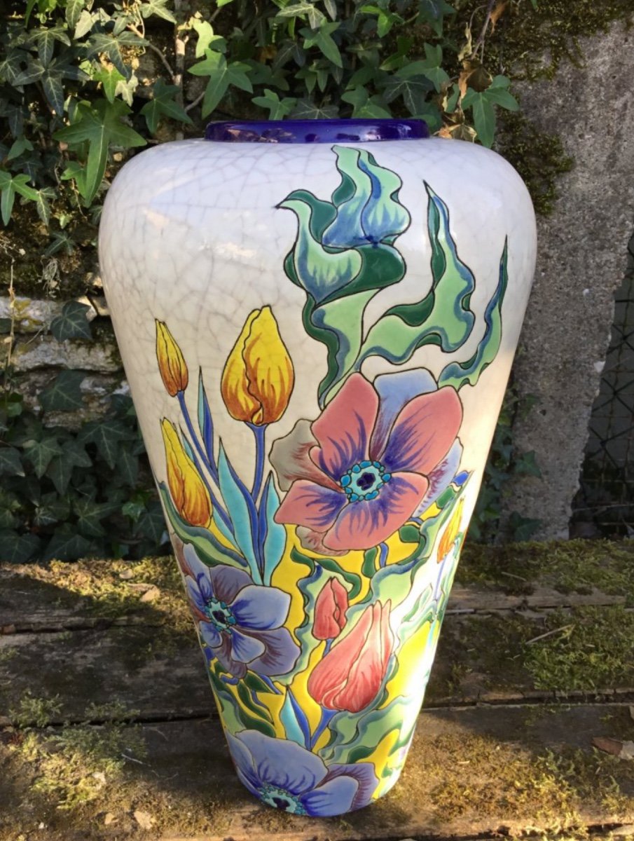 Large Longwy Vase With Art Nouveau Decor (38 Cm)