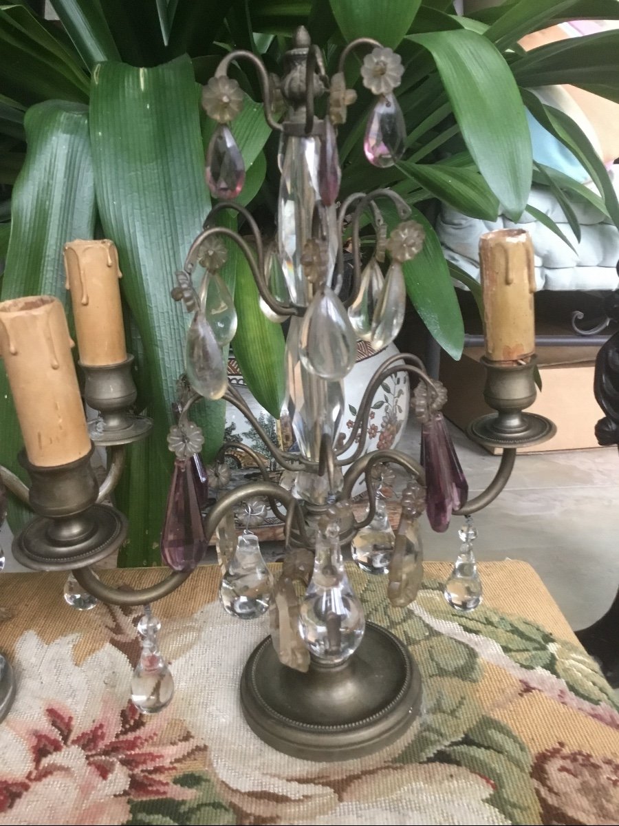 Pair Girandoles Bronze Amethyst Colored Crystals-photo-3