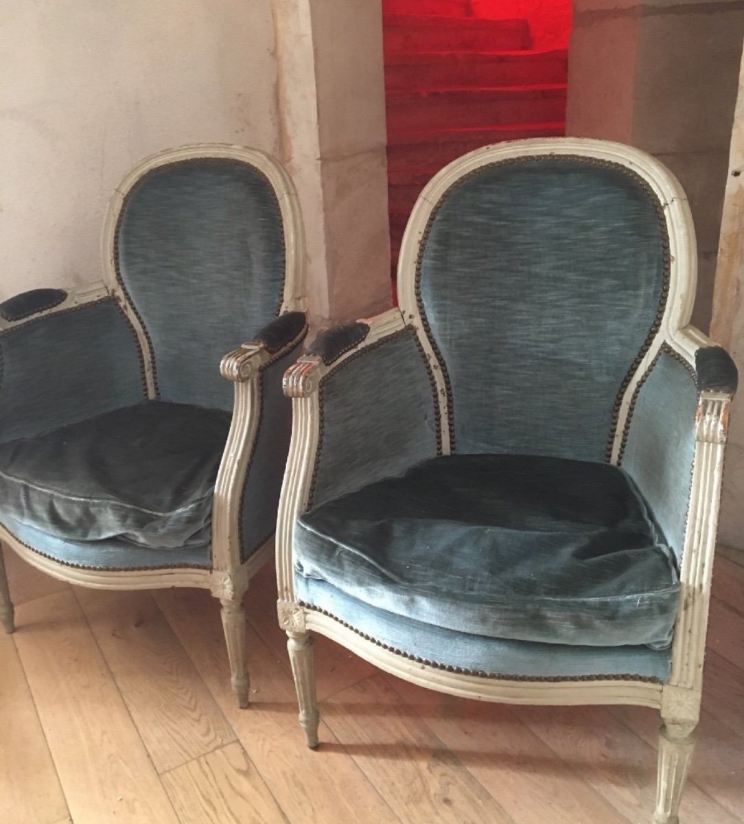 The Pair Of Small Louis XVI Style Lacquered Bergeres