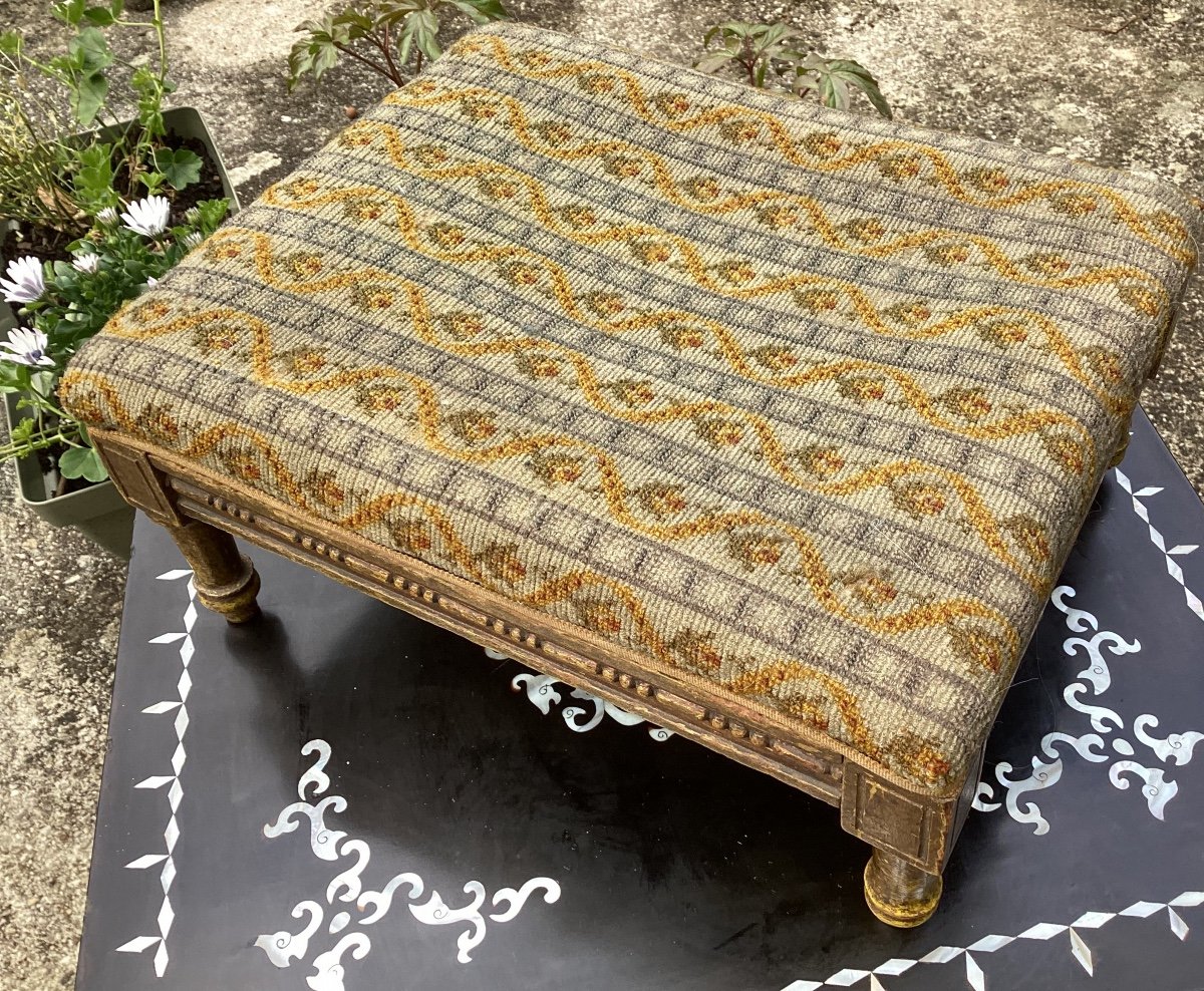 Small Footrest In Golden Wood And Point Tapestry-photo-4