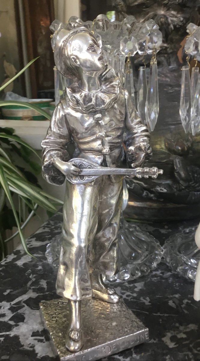 Silver Bronze Of Pierrot "in The Moonlight" 