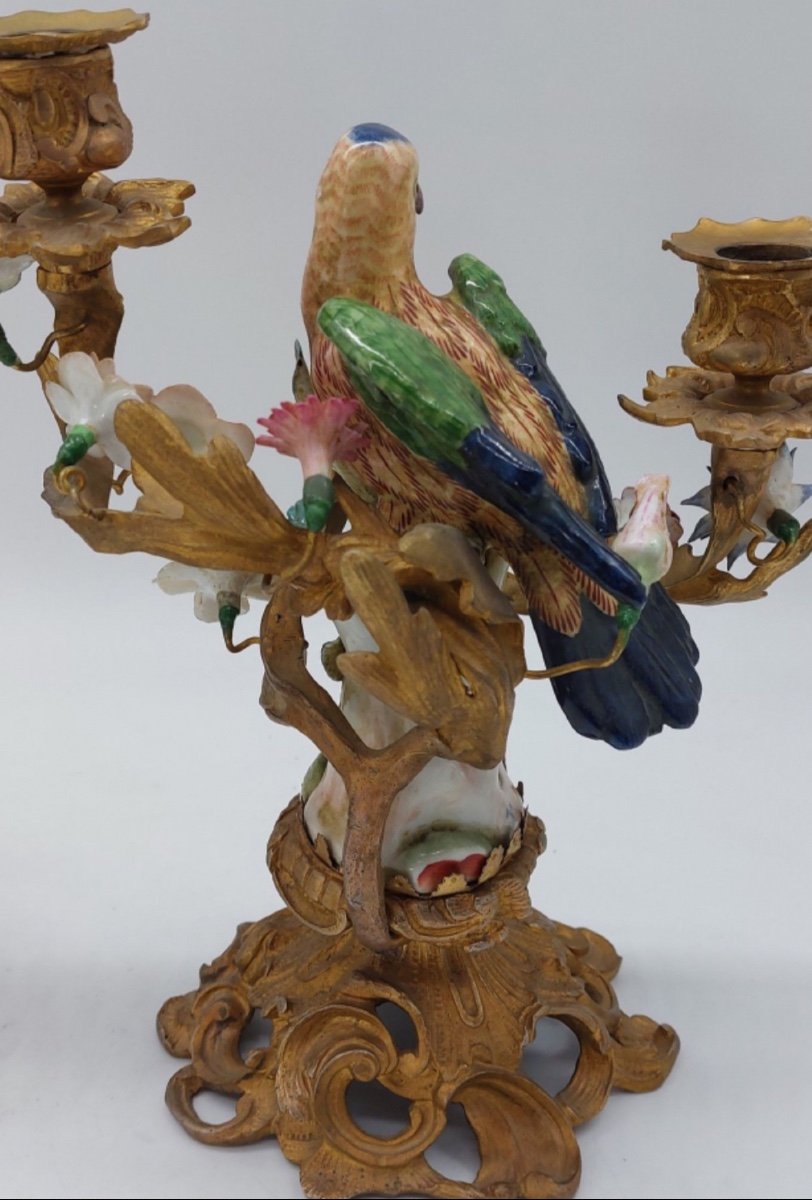 Pair Of Candlesticks Decorated With Birds And Flowers In Porcelain-photo-2