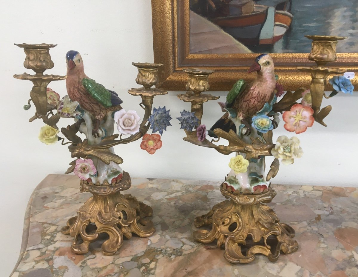 Paire De Flambeaux à Décor d'Oiseaux Et Fleurs En Porcelaine-photo-5