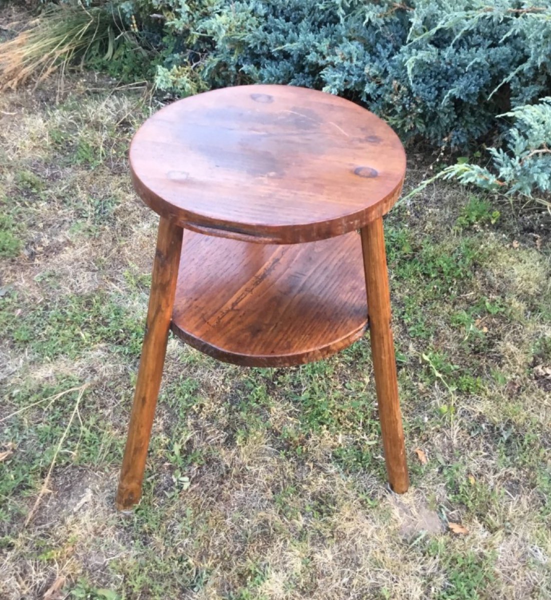 Folk Art, Brutalist Pegged Pedestal With Two Trays-photo-3