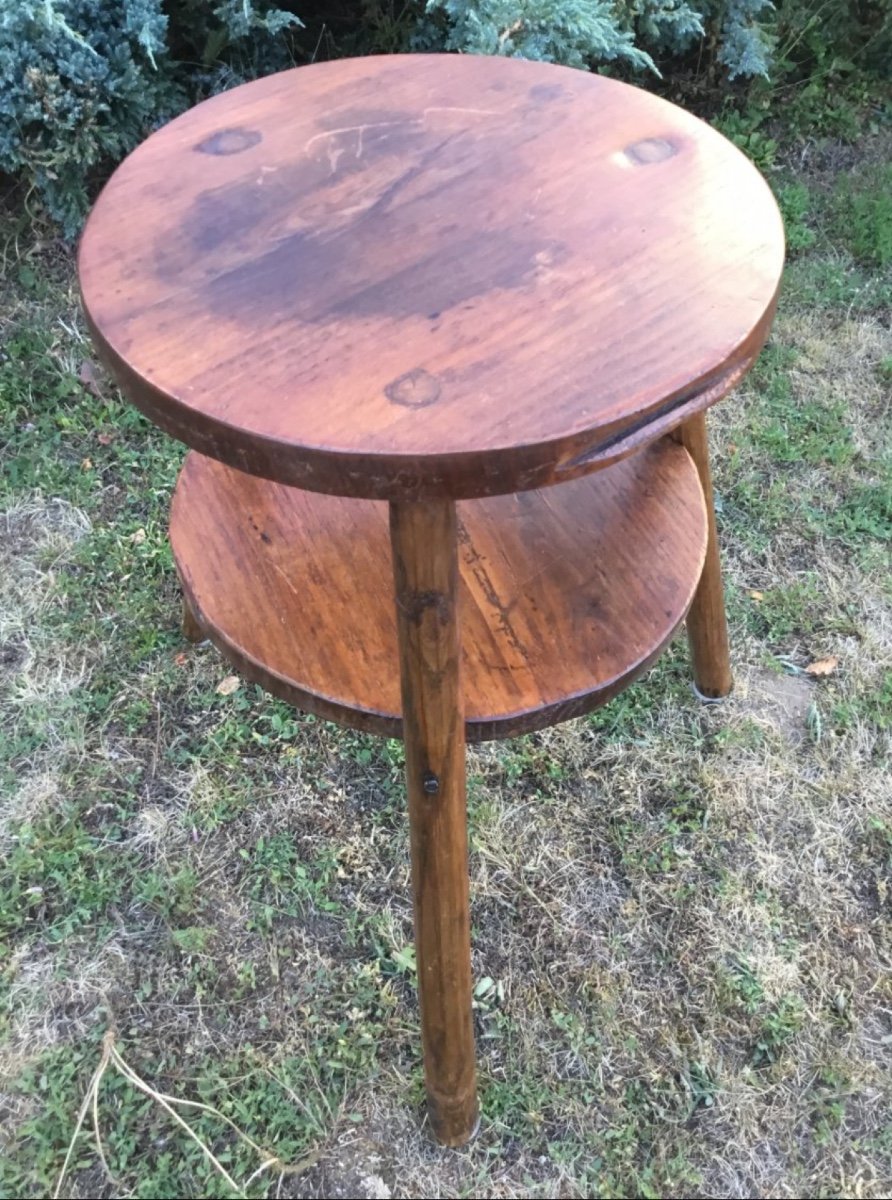 Folk Art, Brutalist Pegged Pedestal With Two Trays-photo-1
