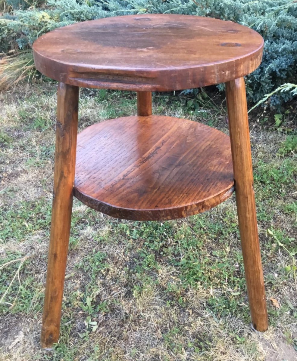 Folk Art, Brutalist Pegged Pedestal With Two Trays