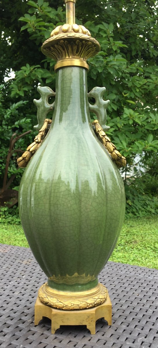 Celadon Montes Porcelain Vase In Dore Bronze China, XIXth Century-photo-5