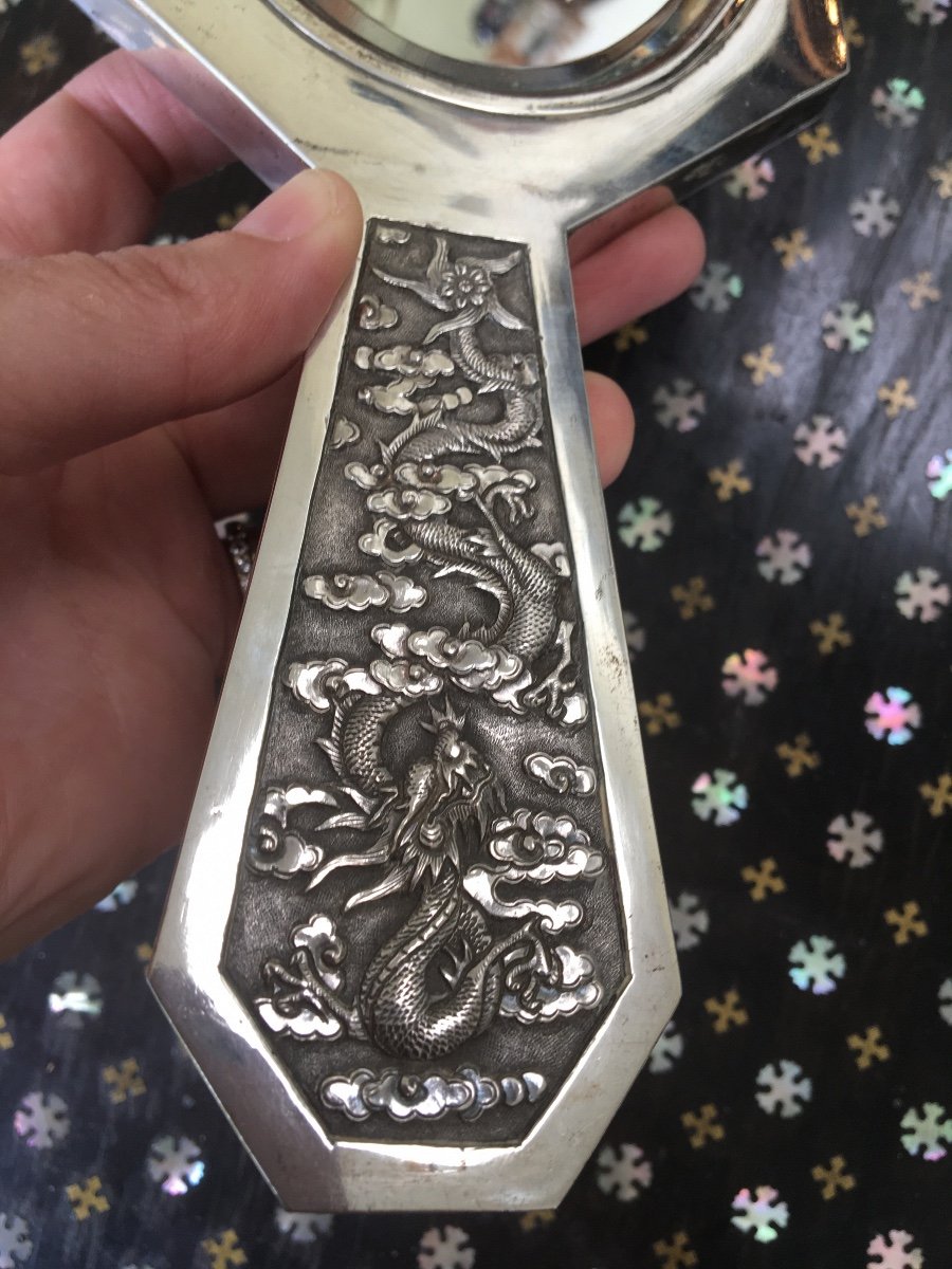 Embossed Silver Hand Face With Relief Decoration Of Dragons, Indochina-photo-4