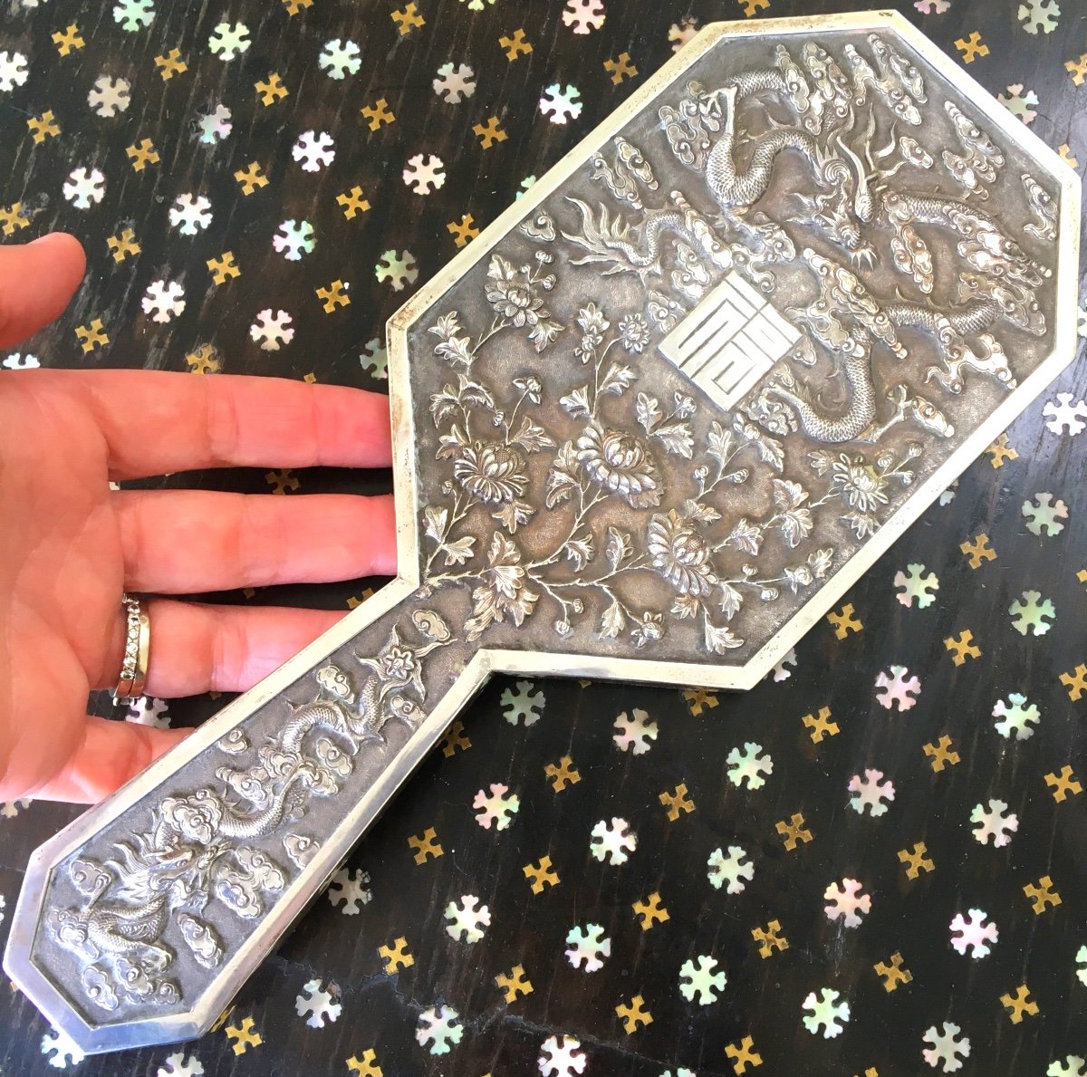 Embossed Silver Hand Face With Relief Decoration Of Dragons, Indochina