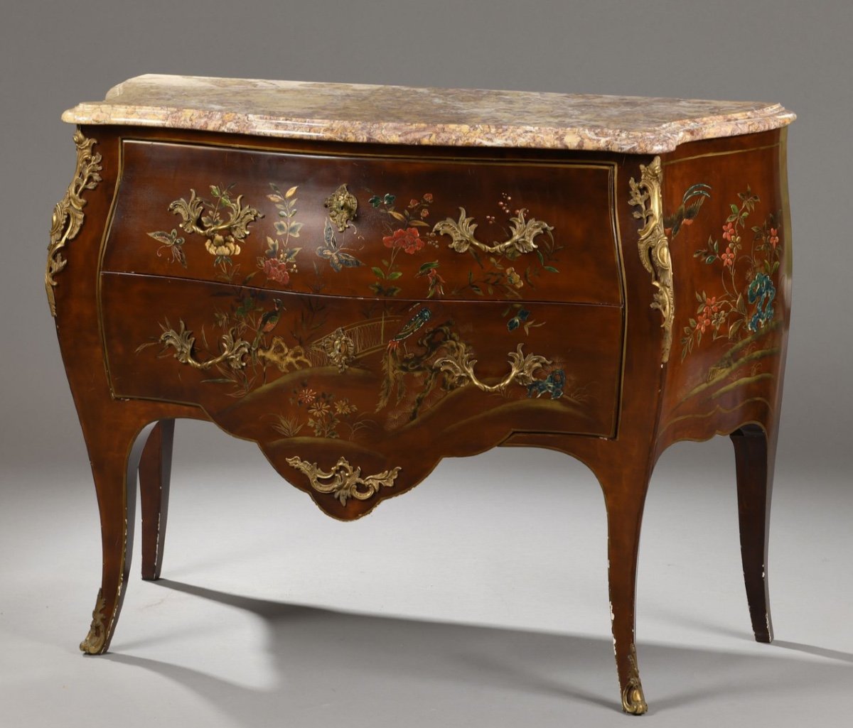 Curved Louis XV Style Lacquered Commode With Chinese Decor