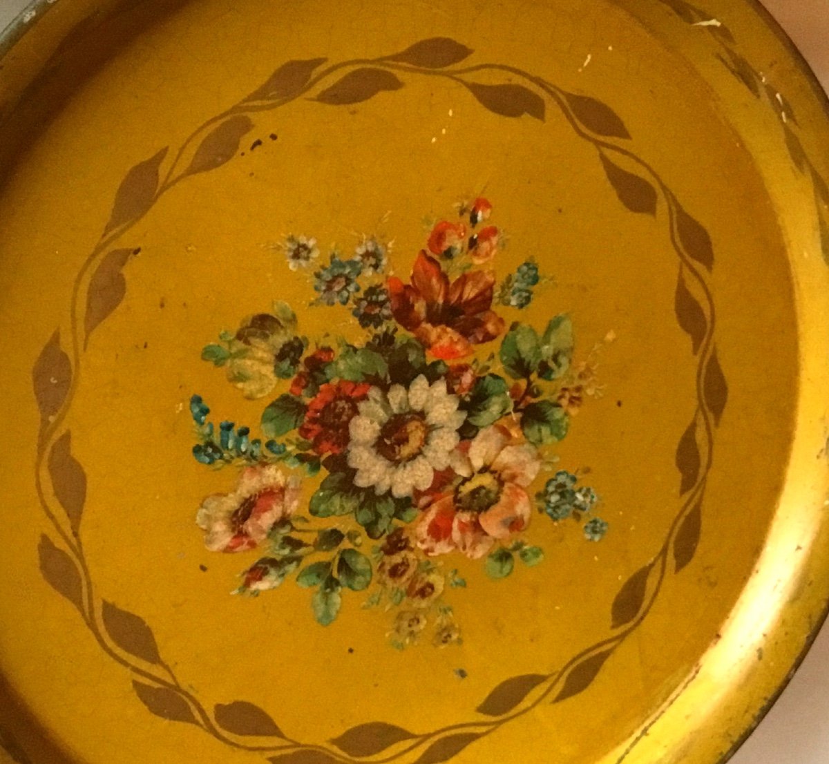 Ancien Plateau En Tôle Peinte Décor Floral Fin XIX ème-photo-3