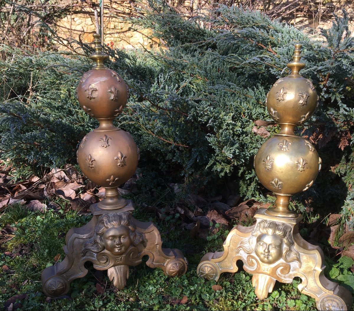 Imposing Pair Of Bronze Andirons With Fleurs De Lys-photo-2