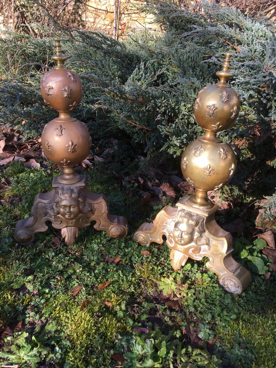 Imposing Pair Of Bronze Andirons With Fleurs De Lys-photo-4