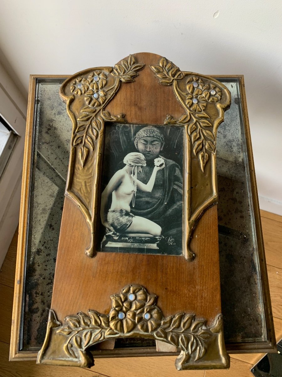 Frame In Wood And Repoussé Brass, Art Nouveau.-photo-7