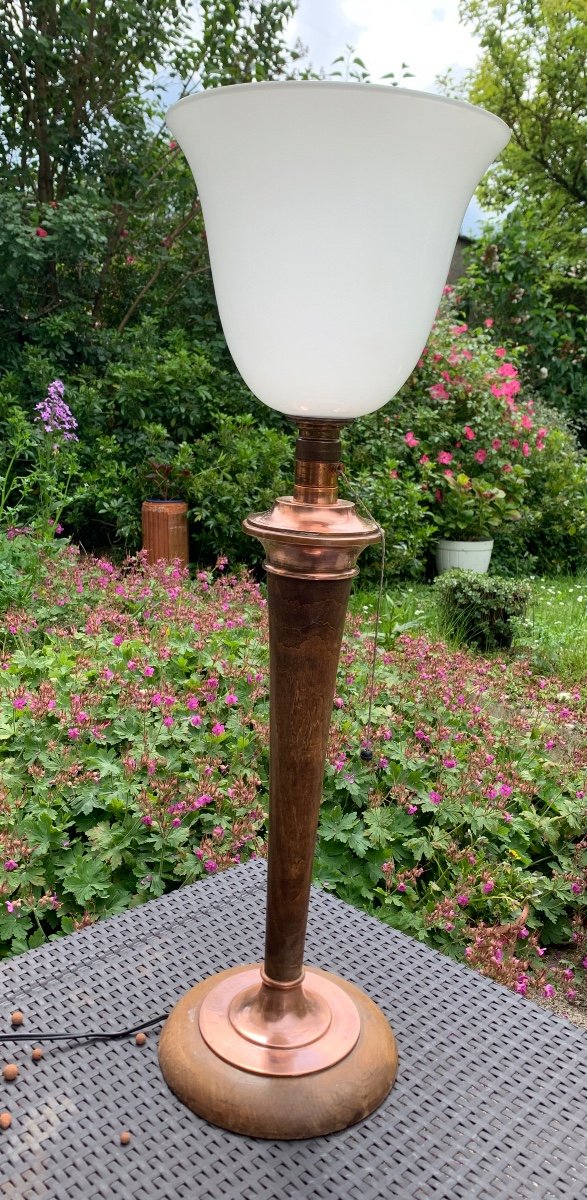 Mazda Lamp In Wood And Copper From Art Deco Period